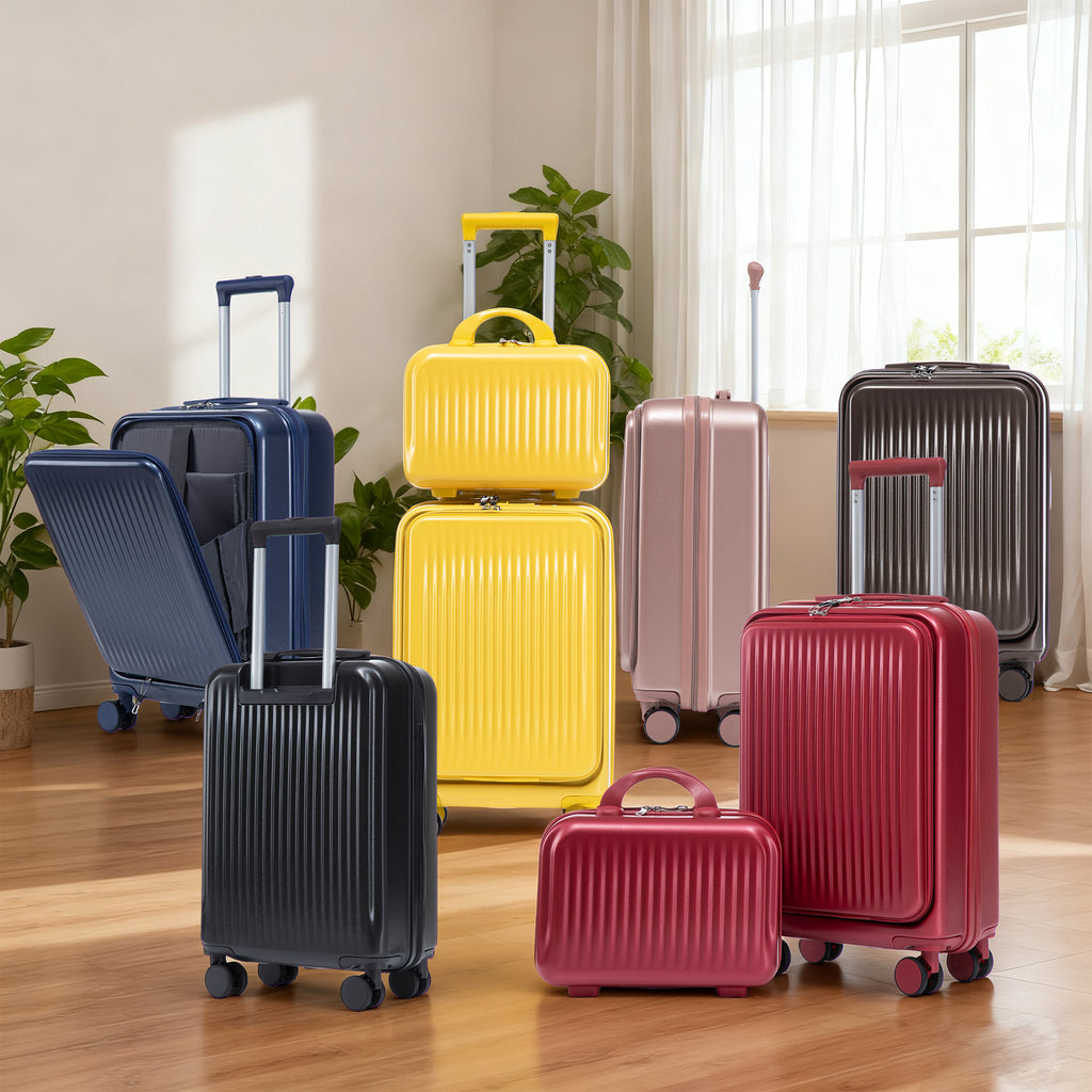 Set Of 2 - 14''  20'' In ABS Spinner Wheel Luggage, With Combination Lock And Front Opening Design, 14 Cosmetic Case Brown