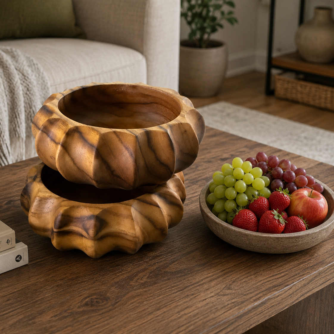 Fluted Round Teak Wood Bowl