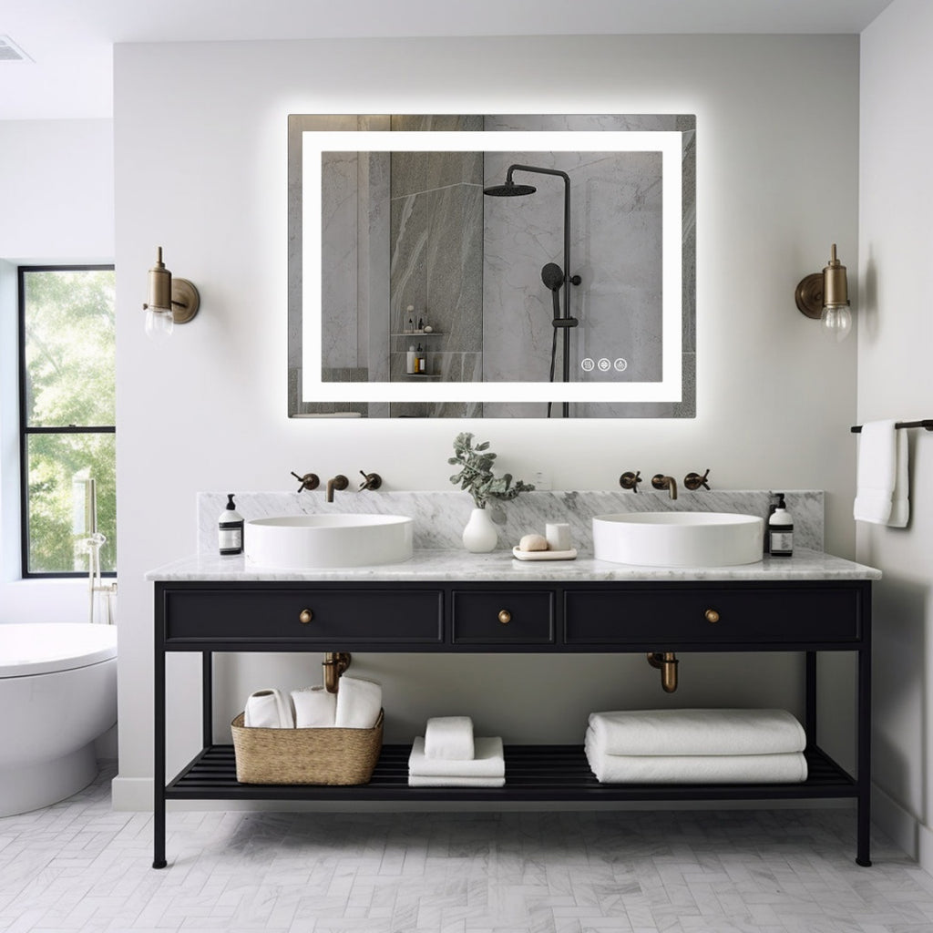 Anti-fog LED Bathroom Mirror With Dual Light Source And Three Lighting Modes - 36x48