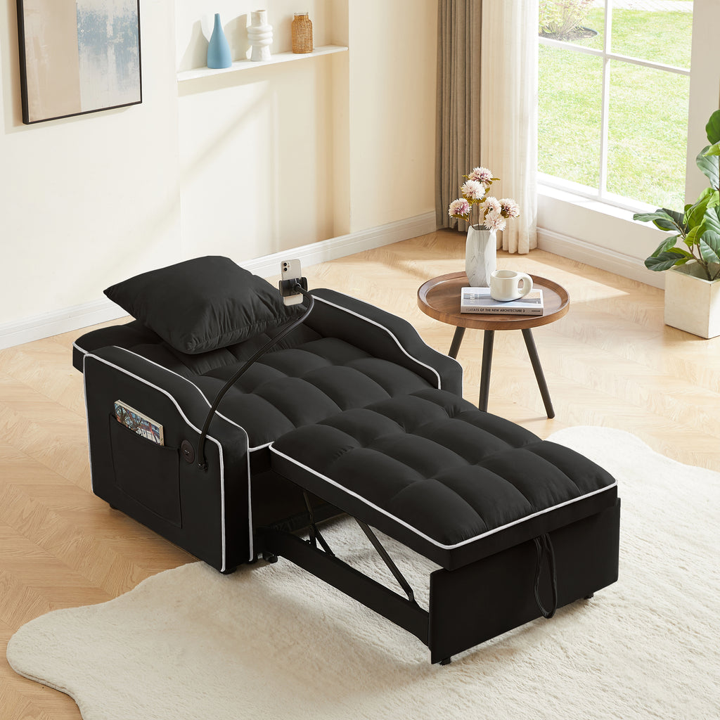 Sleeper Sofa Chair Bed,  3 In 1 Convertible Sofa Chair With With Adjustable Backrest & Phone Holder & USB, Type-C, Adjustable Recliner, Armchair For Living Room Bedroom Apartment Small Space, Black