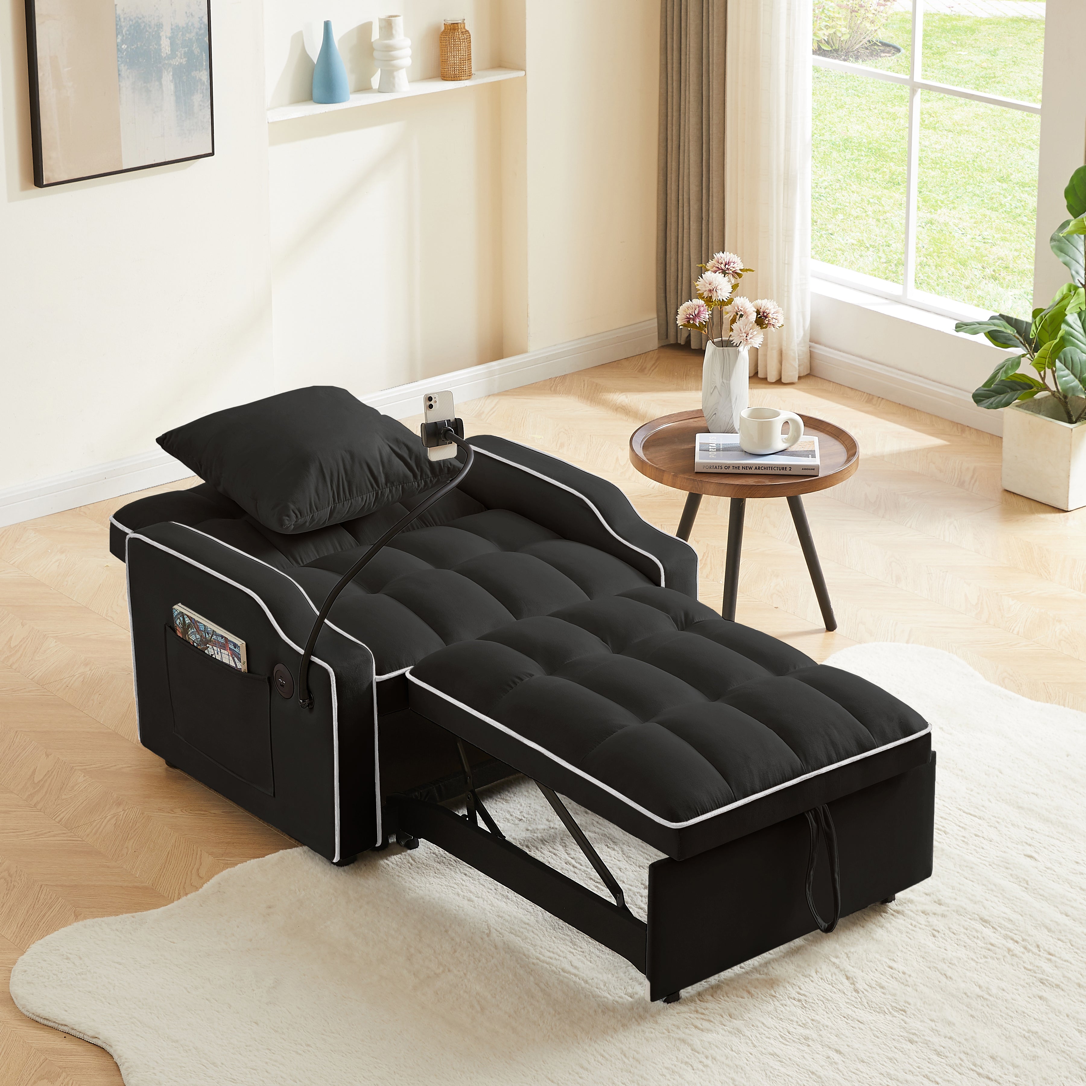 Sleeper Sofa Chair Bed,  3 In 1 Convertible Sofa Chair With With Adjustable Backrest & Phone Holder & USB, Type-C, Adjustable Recliner, Armchair For Living Room Bedroom Apartment Small Space, Black