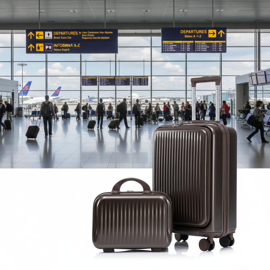 Set Of 2 - 14''  20'' In ABS Spinner Wheel Luggage, With Combination Lock And Front Opening Design, 14 Cosmetic Case Brown