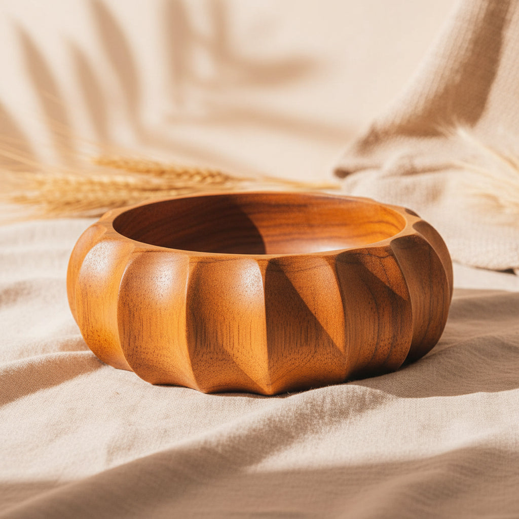 Wooden bowl with a natural finish on a wooden surface