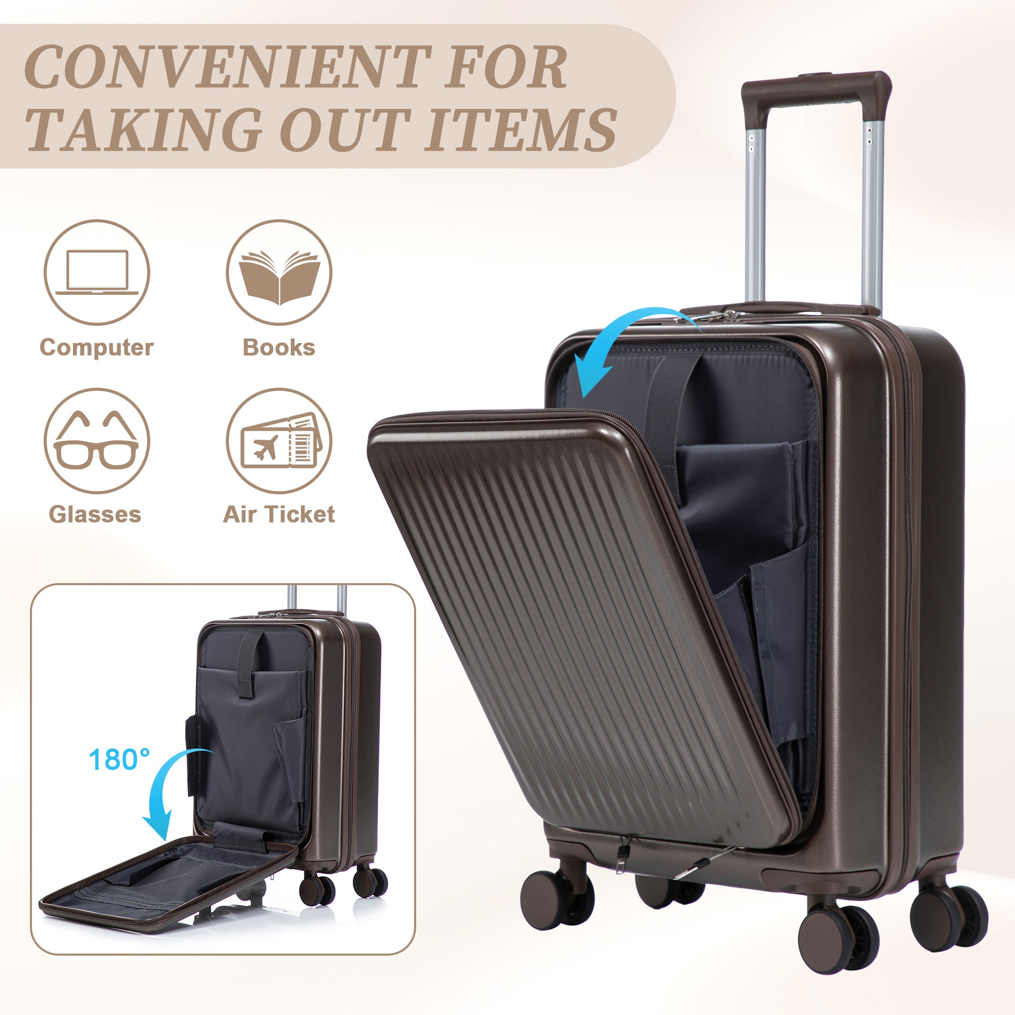 Set Of 2 - 14''  20'' In ABS Spinner Wheel Luggage, With Combination Lock And Front Opening Design, 14 Cosmetic Case Brown