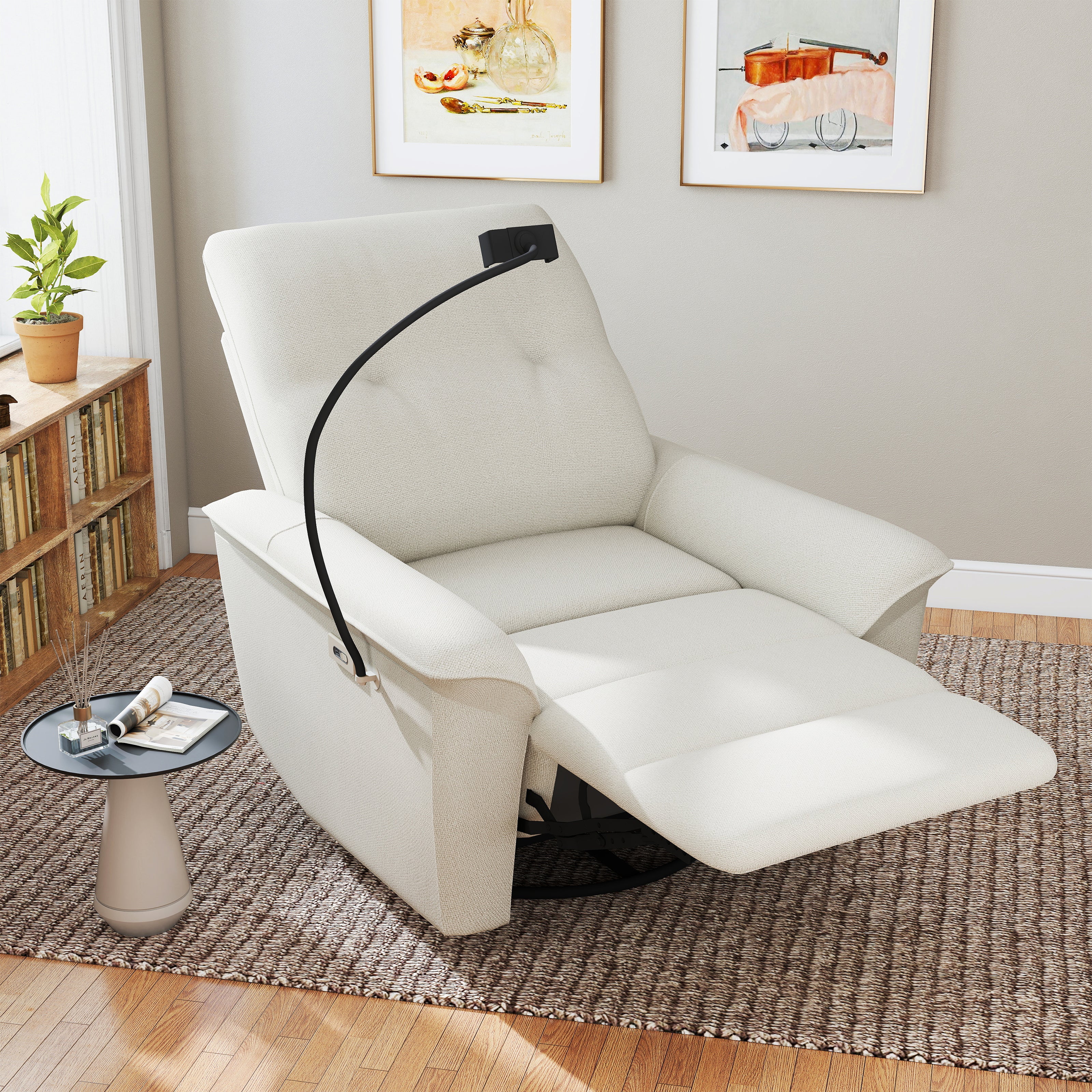 270 Power Swivel Rocker Recliner Chair W Phone Holder, Electric Glider Reclining Sofa With USB Ports, Power Swivel Glider, Rocking Chair Nursery Recliners For Living Room Bedroom  Beige-gray