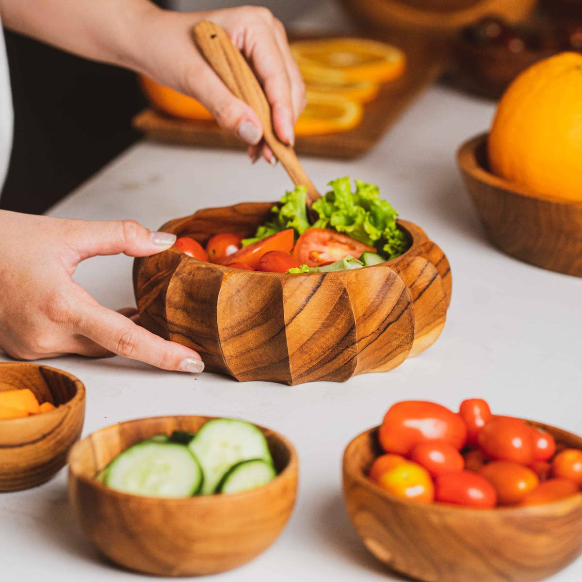 Fluted Round Teak Wood Bowl