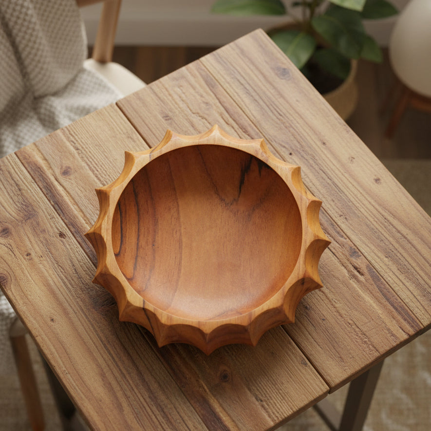 Wooden bowl with a unique design on a white background