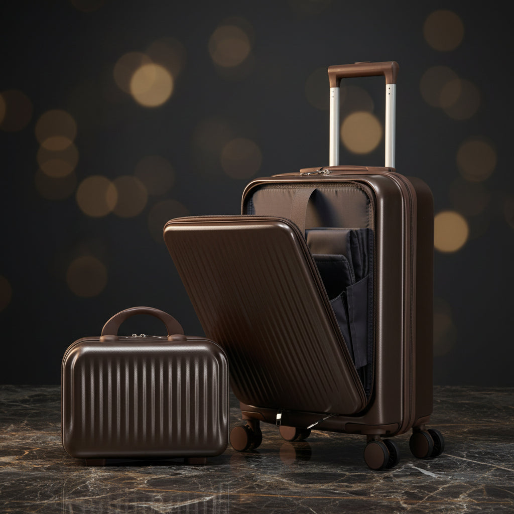 Set Of 2 - 14''  20'' In ABS Spinner Wheel Luggage, With Combination Lock And Front Opening Design, 14 Cosmetic Case Brown
