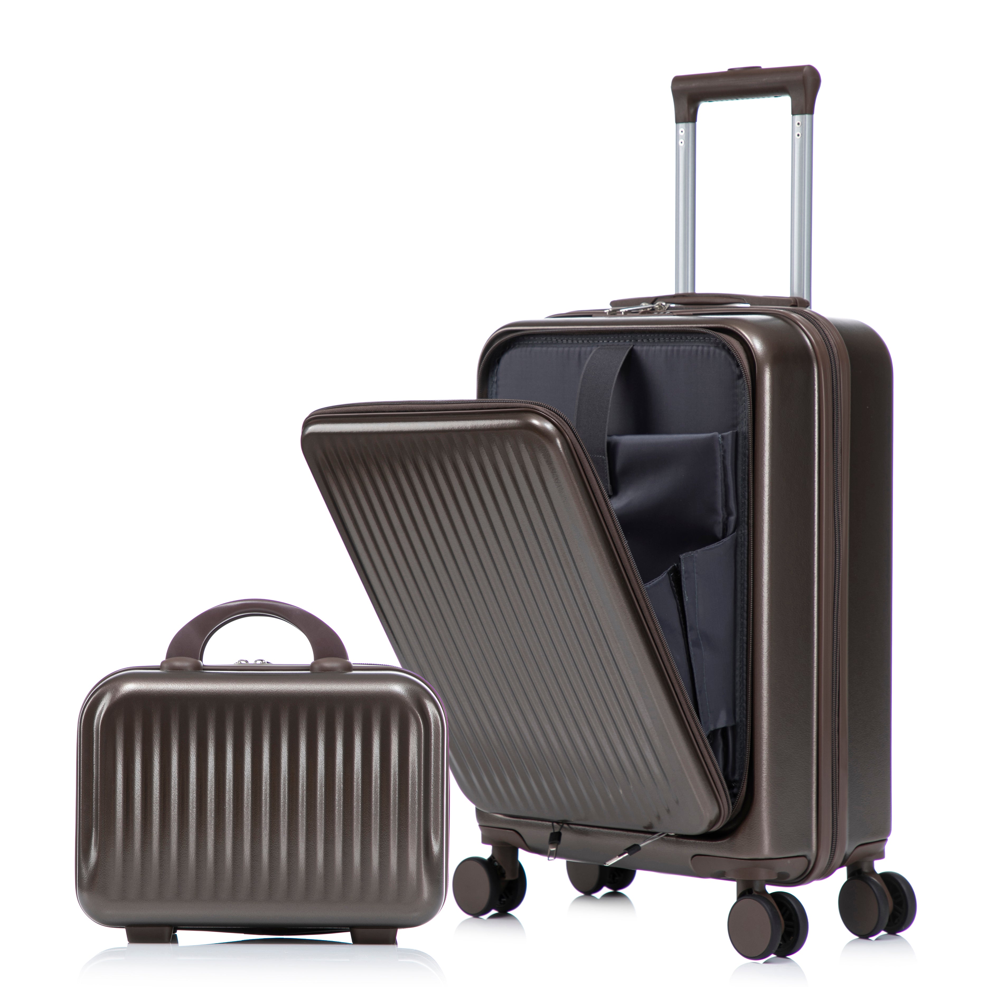 Set Of 2 - 14''  20'' In ABS Spinner Wheel Luggage, With Combination Lock And Front Opening Design, 14 Cosmetic Case Brown
