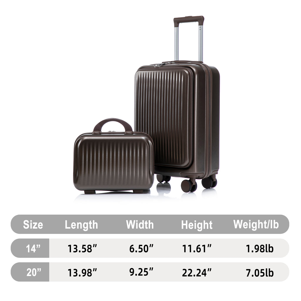 Set Of 2 - 14''  20'' In ABS Spinner Wheel Luggage, With Combination Lock And Front Opening Design, 14 Cosmetic Case Brown