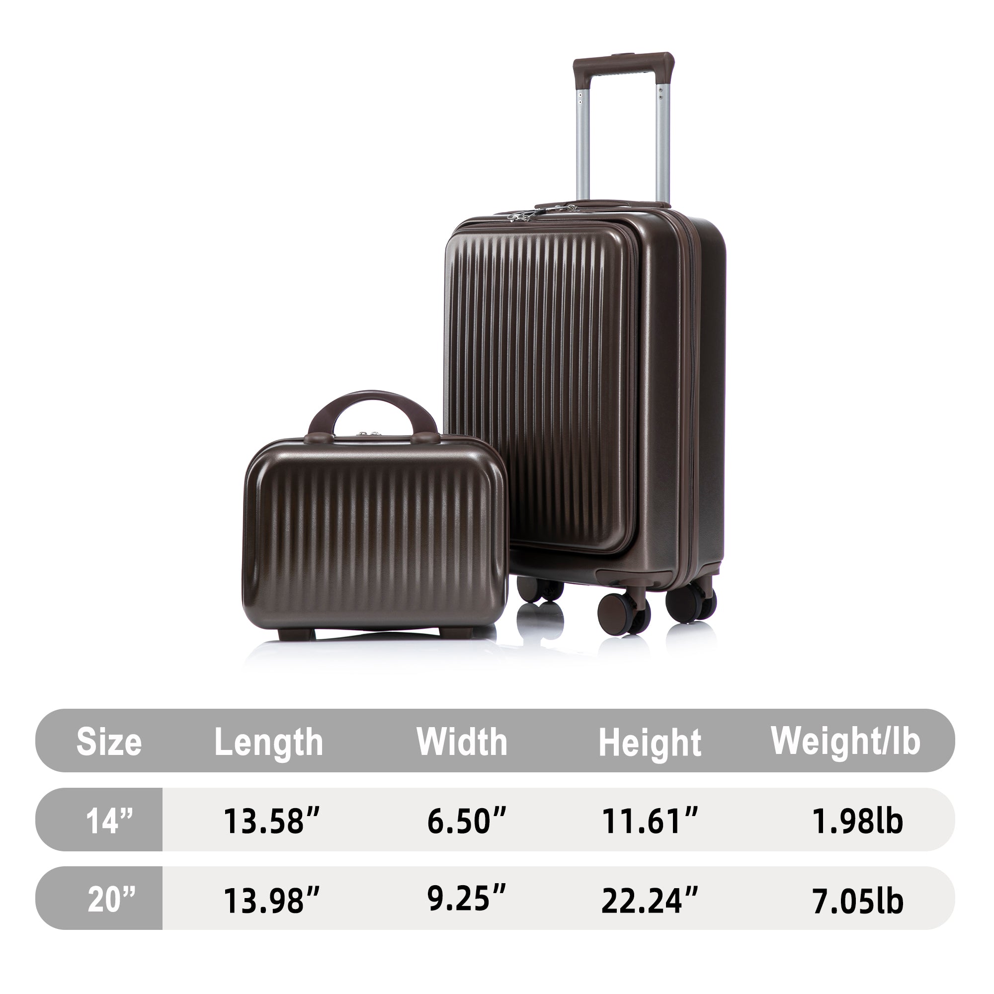 Set Of 2 - 14''  20'' In ABS Spinner Wheel Luggage, With Combination Lock And Front Opening Design, 14 Cosmetic Case Brown