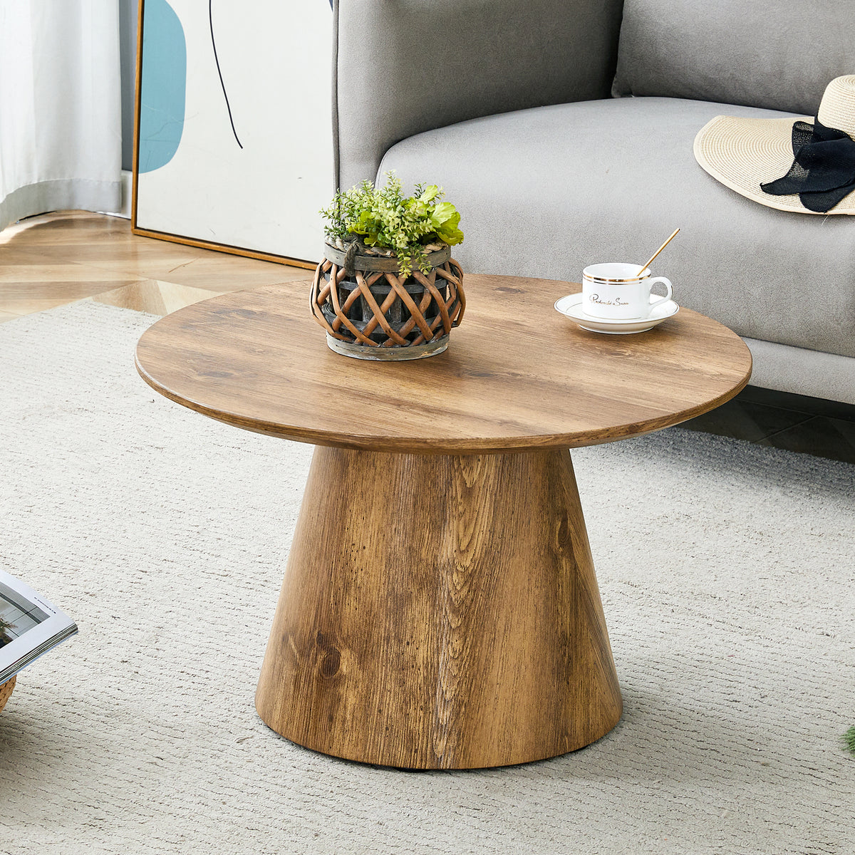 Natural Wood Grain MDF Round Coffee Table - 23.6in Diameter, 13.8in He ...
