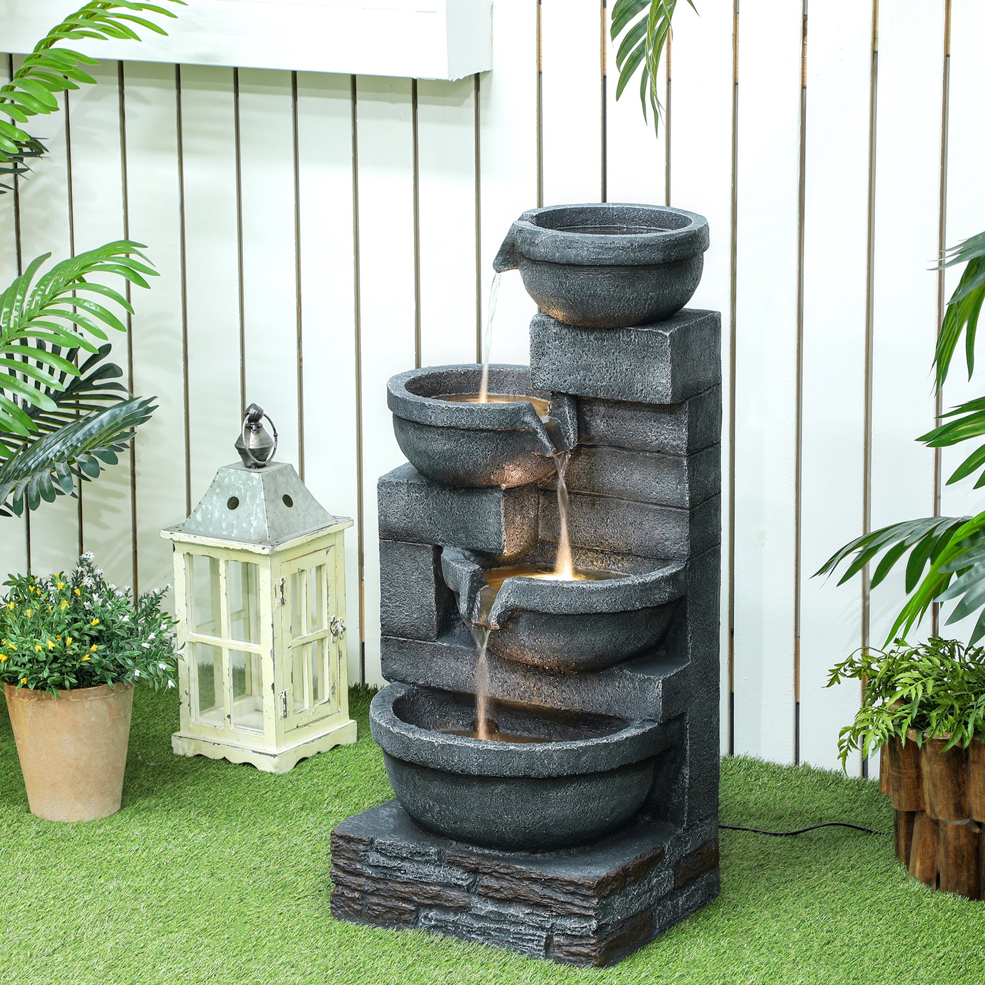 30 Tall Outdoor Waterfall Fountain with LED Lights 4Tier Resin Cascading Water Bowls with Pump Gray Affiliated Shops