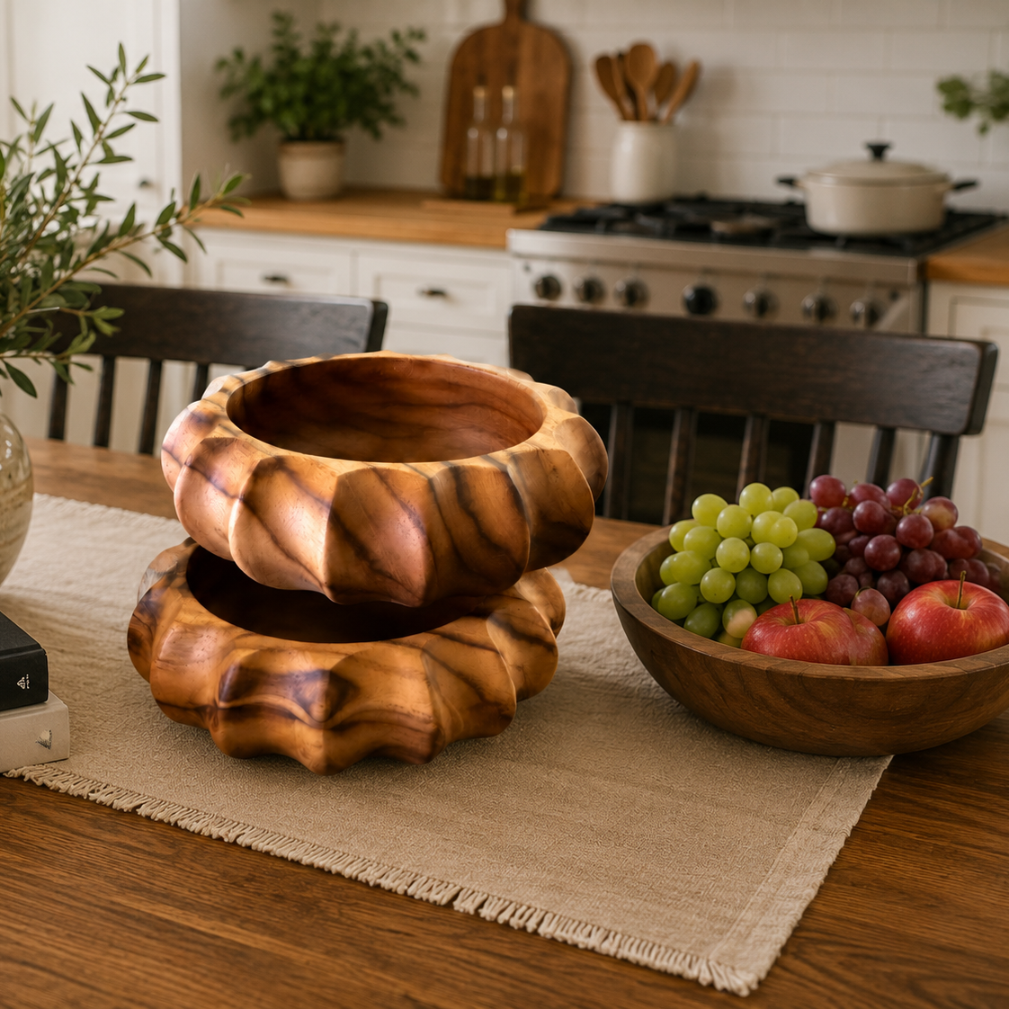 Fluted Round Teak Wood Bowl