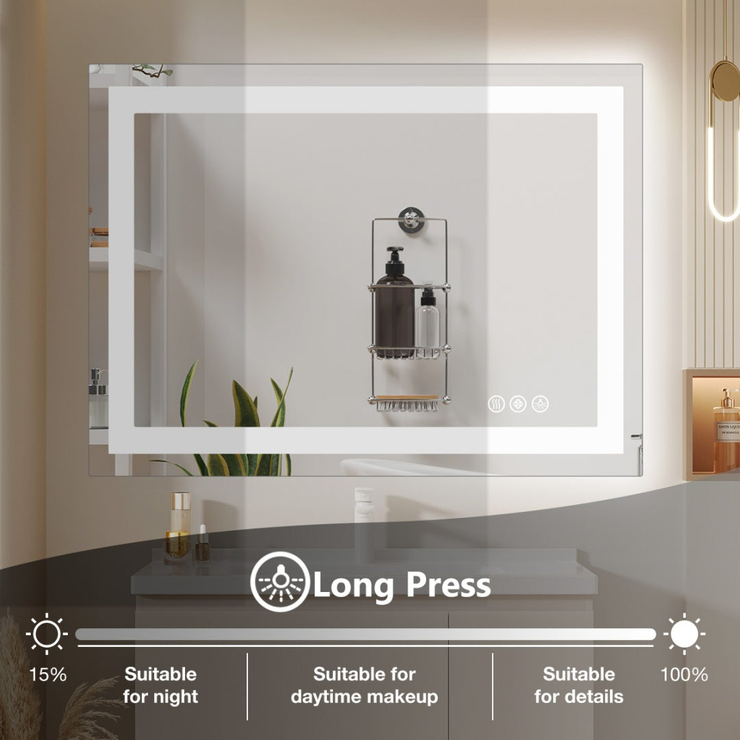 Anti-fog LED Bathroom Mirror With Dual Light Source And Three Lighting Modes - 36x48