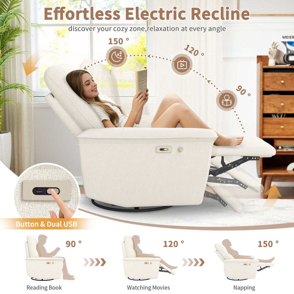 270 Power Swivel Rocker Recliner Chair W Phone Holder, Electric Glider Reclining Sofa With USB Ports, Power Swivel Glider, Rocking Chair Nursery Recliners For Living Room Bedroom  Beige-gray