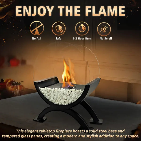 Round Glass Large Tabletop Fireplace 12.5" H Portable Fire Bowl Pot Clean Burning Fireplace For Indoor Outdoor Patio Parties Events(Black)