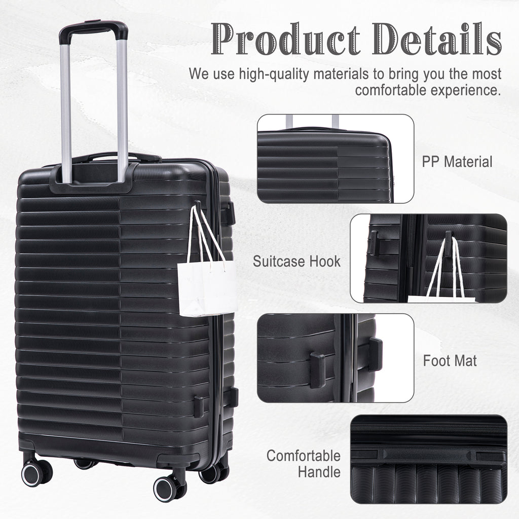 4 Pcs Luggage Set 14'' + 20'' +  24'' +  28'' - Spinner Wheels - Carry On Suitcase, Iron Pull Rod, Combination Password Lock, 14 Cosmetic Case Black