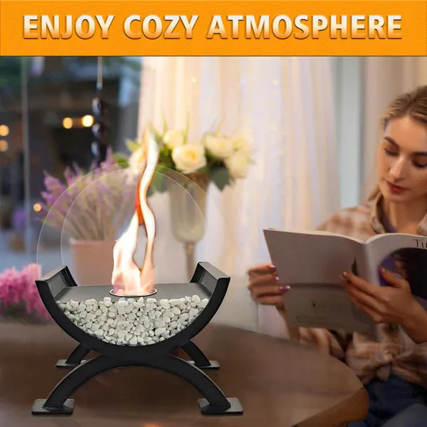 Round Glass Large Tabletop Fireplace 12.5" H Portable Fire Bowl Pot Clean Burning Fireplace For Indoor Outdoor Patio Parties Events(Black)