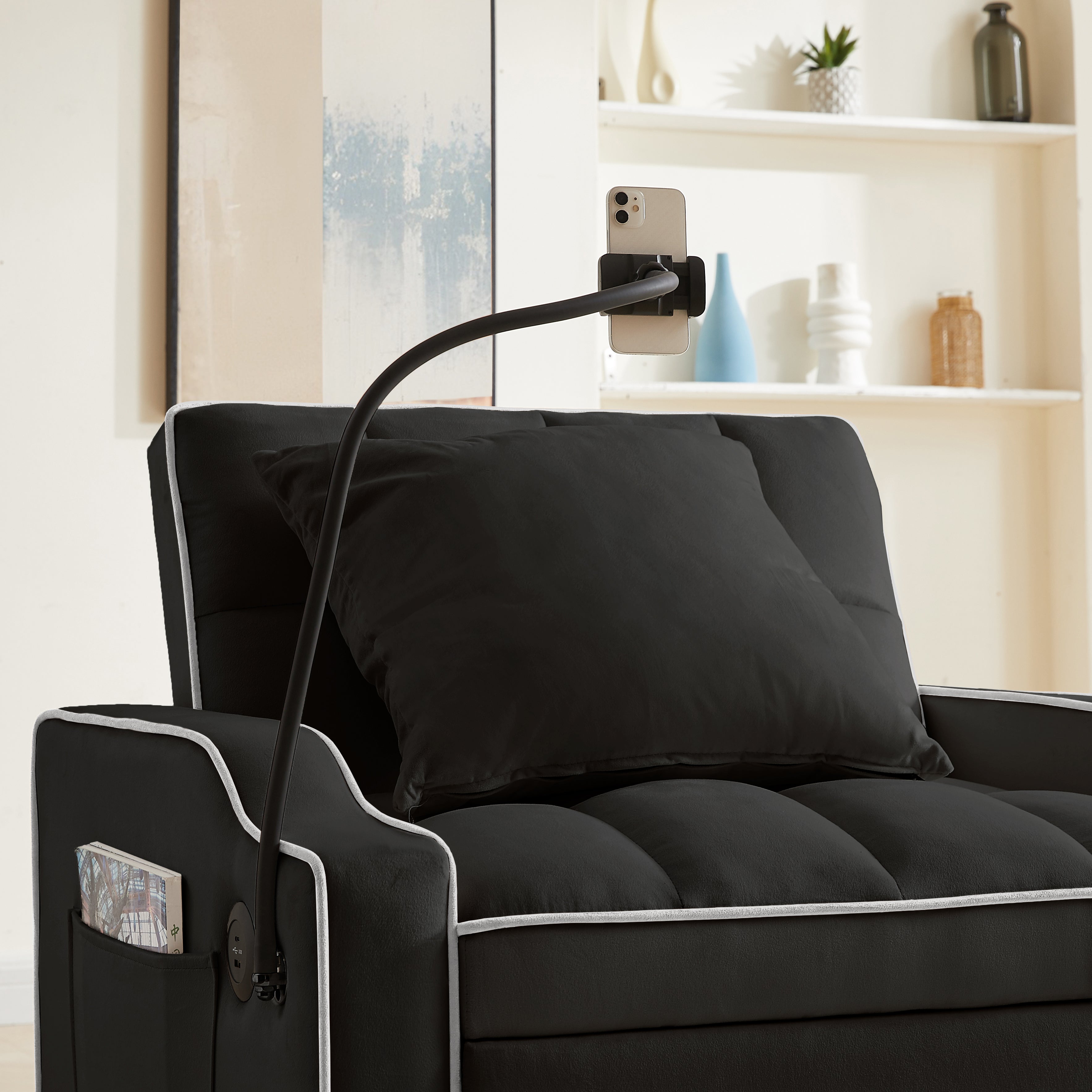 Sleeper Sofa Chair Bed,  3 In 1 Convertible Sofa Chair With With Adjustable Backrest & Phone Holder & USB, Type-C, Adjustable Recliner, Armchair For Living Room Bedroom Apartment Small Space, Black