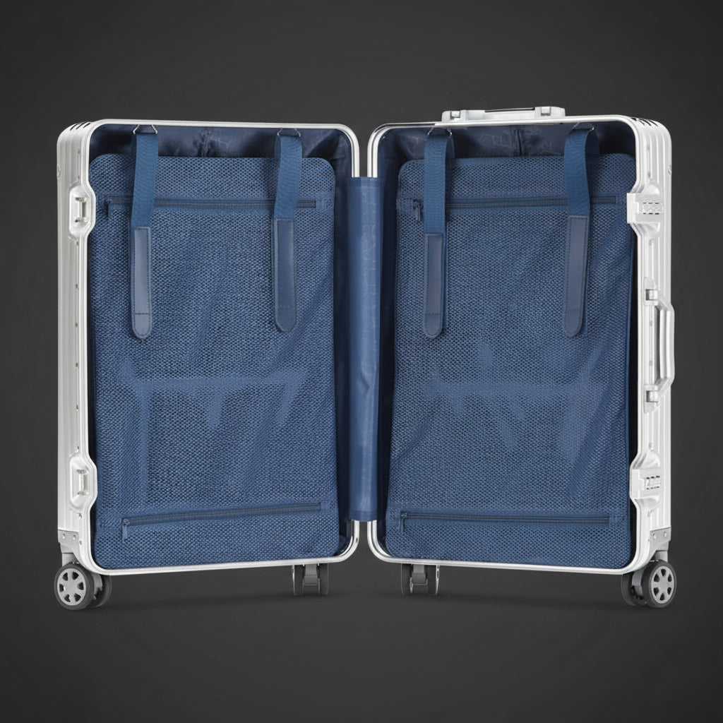 An open silver hard-shell suitcase displaying its blue interior lining against a dark gray background, with the text 'Lining display' and '圧装排社' at the top.