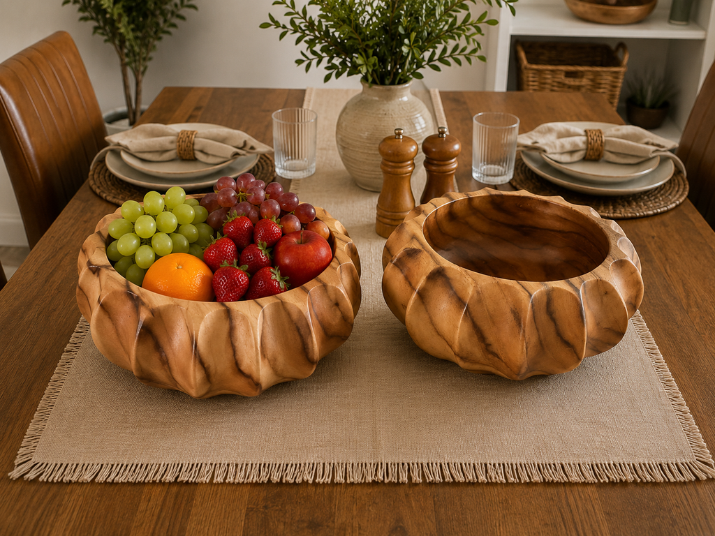 Fluted Round Teak Wood Bowl
