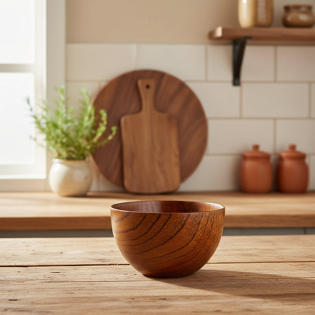 Wooden bowl with images of rice, filling soup, eat noodles, and fruit below on a white background