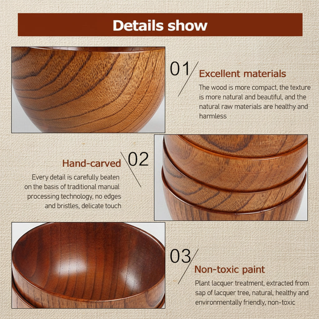 Wooden bowls with text highlighting excellent materials, hand-carved details, and non-toxic paint.