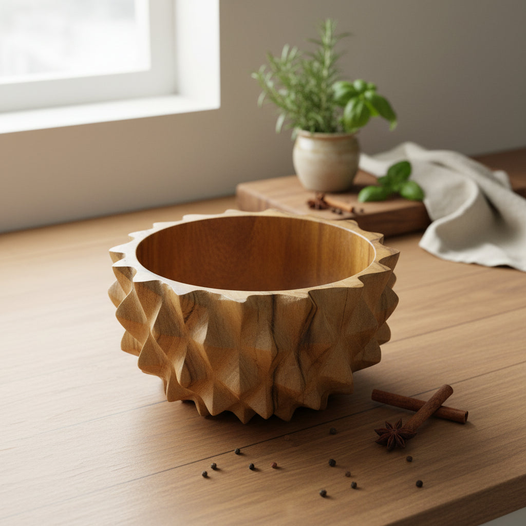Wooden bowl with decorative rim on a wooden surface