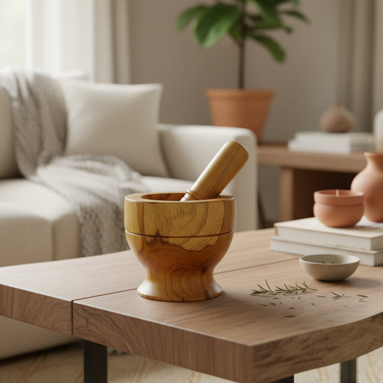 Wooden mortar and pestle on a wooden surface with a wooden background