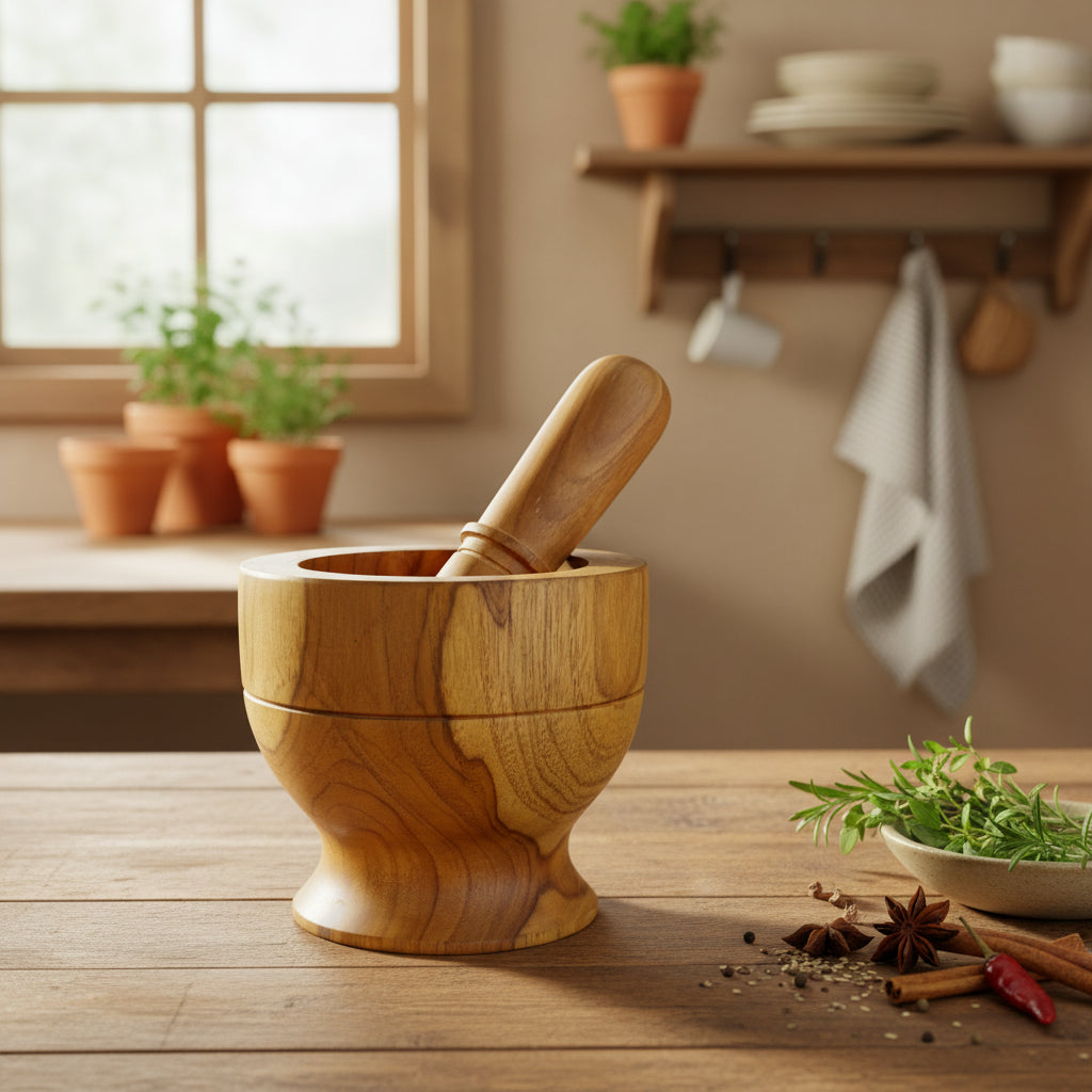 Wooden mortar and pestle on a wooden surface with a wooden background