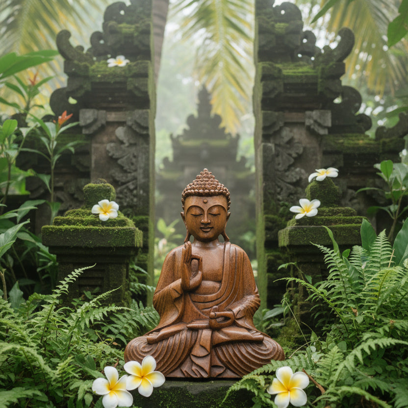 Wooden Buddha statue on a white background