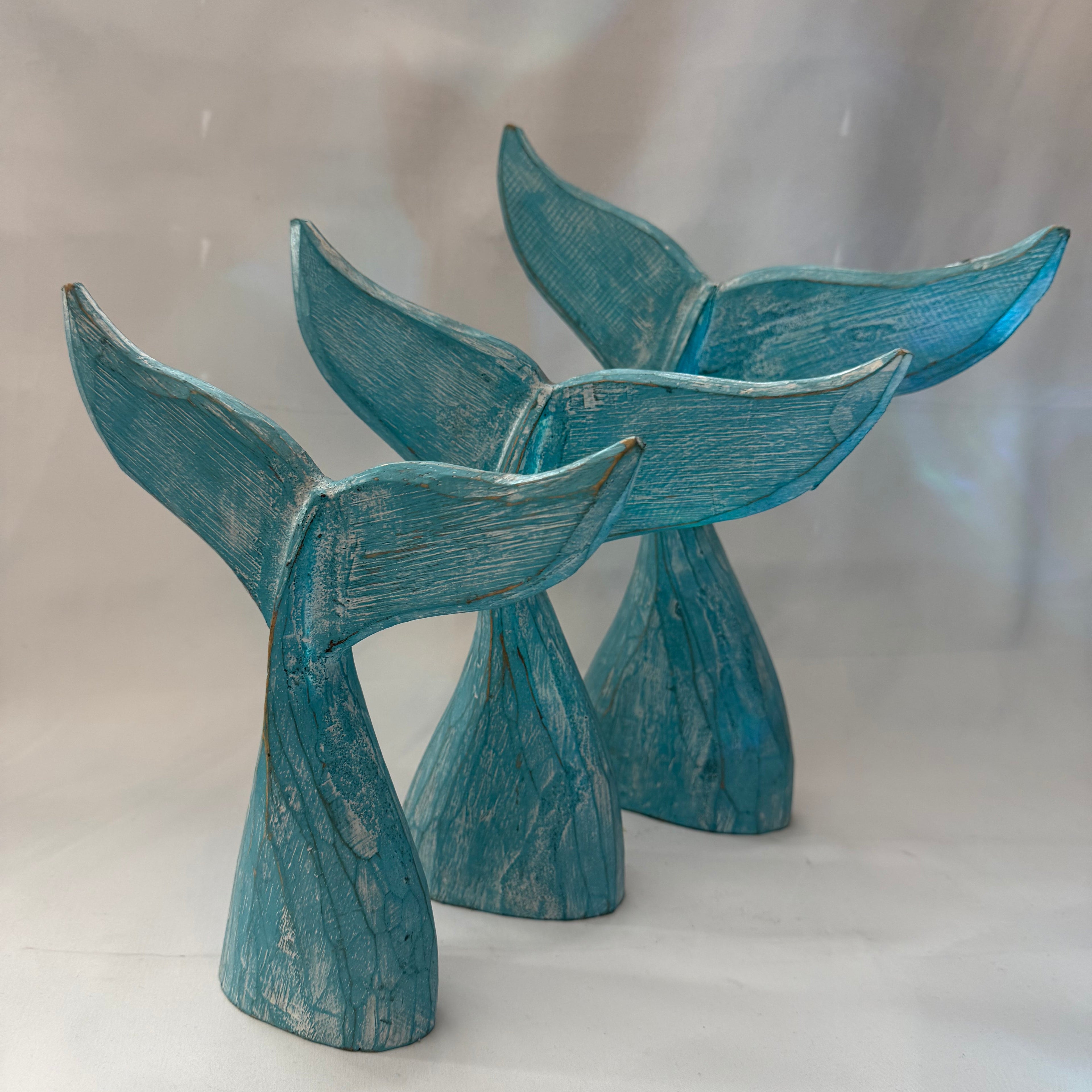 Wood Handcrafted Coastal Decor - Whale Tail Set Of 3