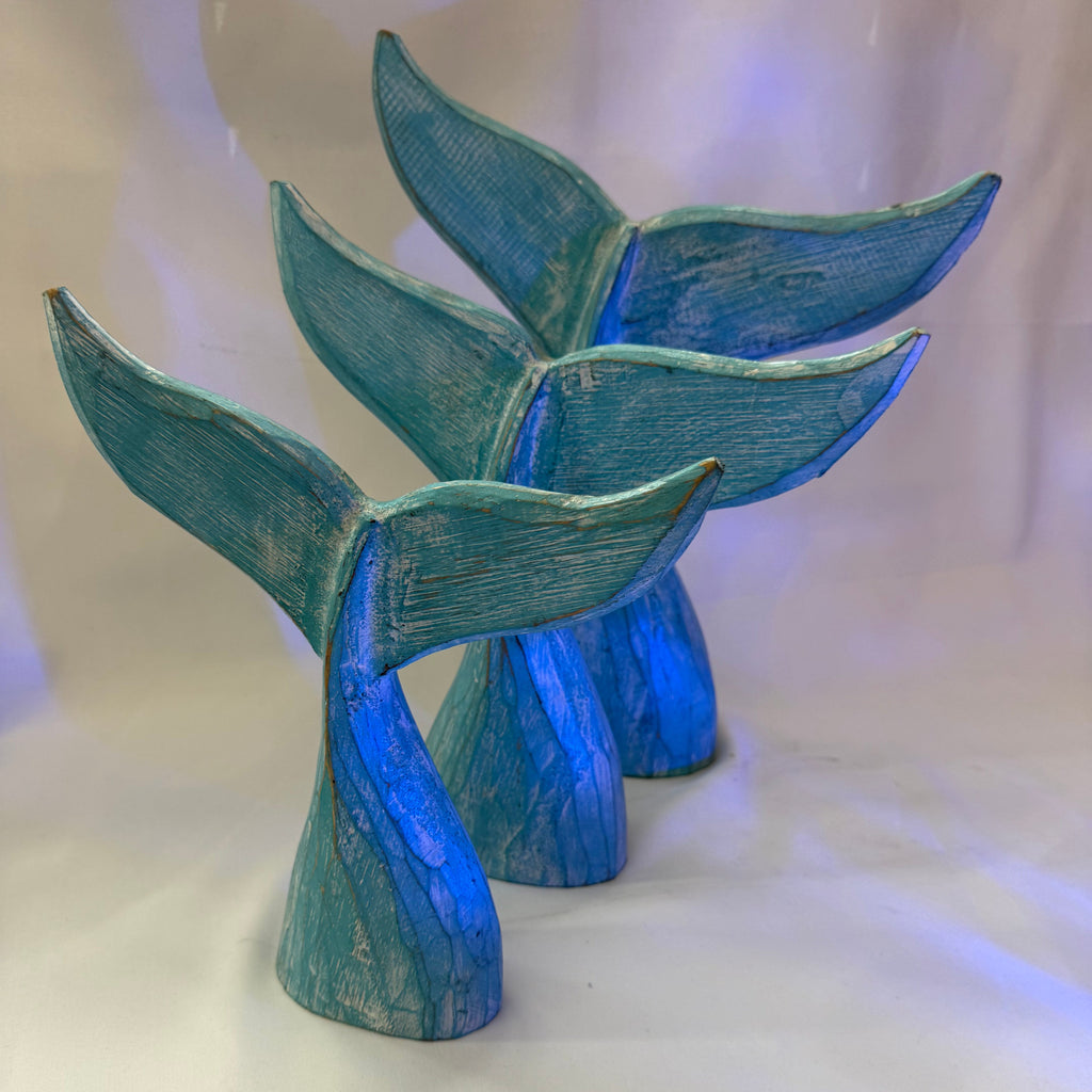 Wood Handcrafted Coastal Decor - Whale Tail Set Of 3