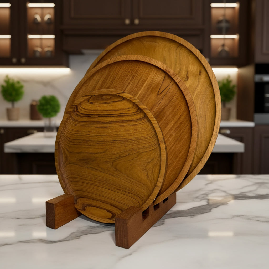 Wooden wall shelf with round and rectangular cutouts on a white background