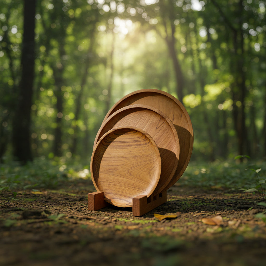 Handcrafted Wooden Serving Plate Set Of 3 with Stand – Natural Round Dinnerware Collection