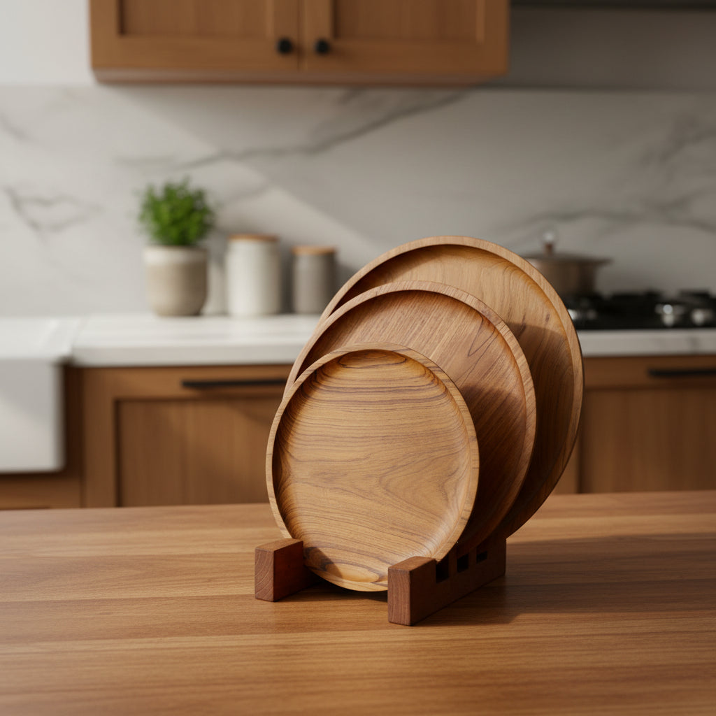 Set of wooden coasters with a holder on a white background