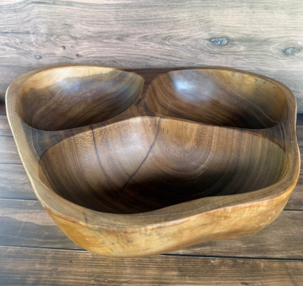 Solace Divided - Handcrafted 3-Section Wooden Serving Bowl – Organic Divided Snack & Appetizer Tray