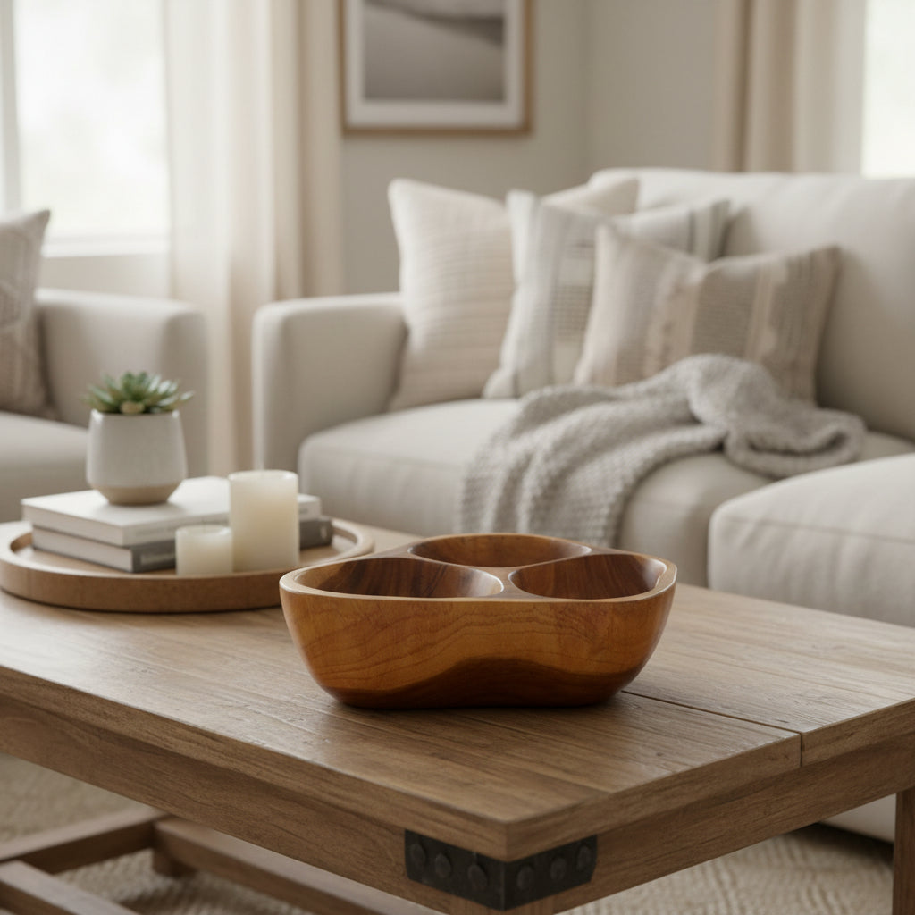 Solace Divided - Handcrafted 3-Section Wooden Serving Bowl – Organic Divided Snack & Appetizer Tray