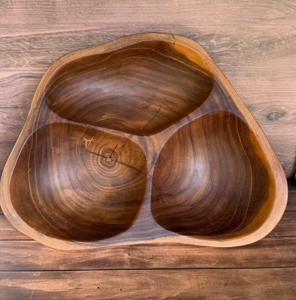 Solace Divided - Handcrafted 3-Section Wooden Serving Bowl – Organic Divided Snack & Appetizer Tray
