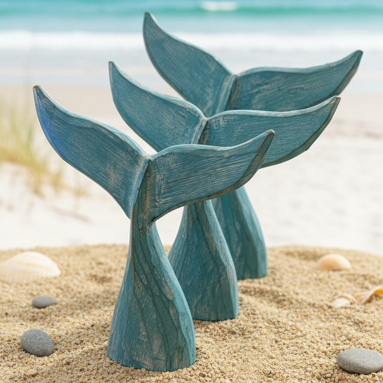 Wood Handcrafted Coastal Decor - Whale Tail Set Of 3