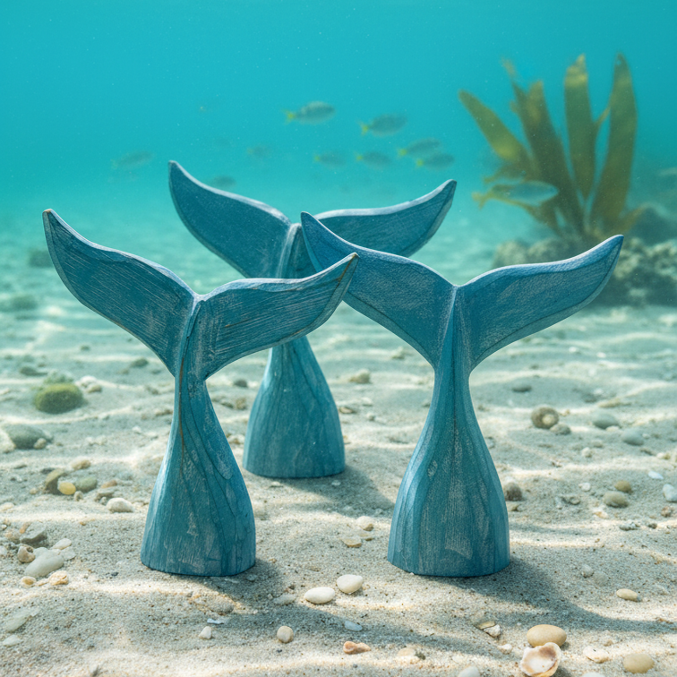 Wood Handcrafted Coastal Decor - Whale Tail Set Of 3
