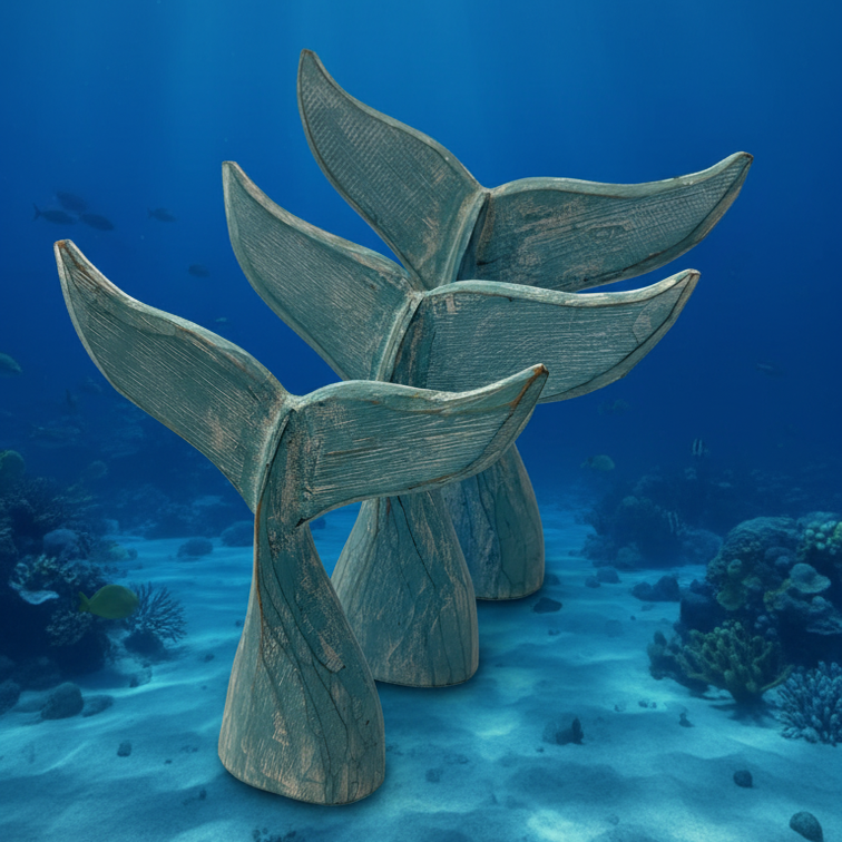 Wood Handcrafted Coastal Decor - Whale Tail Set Of 3