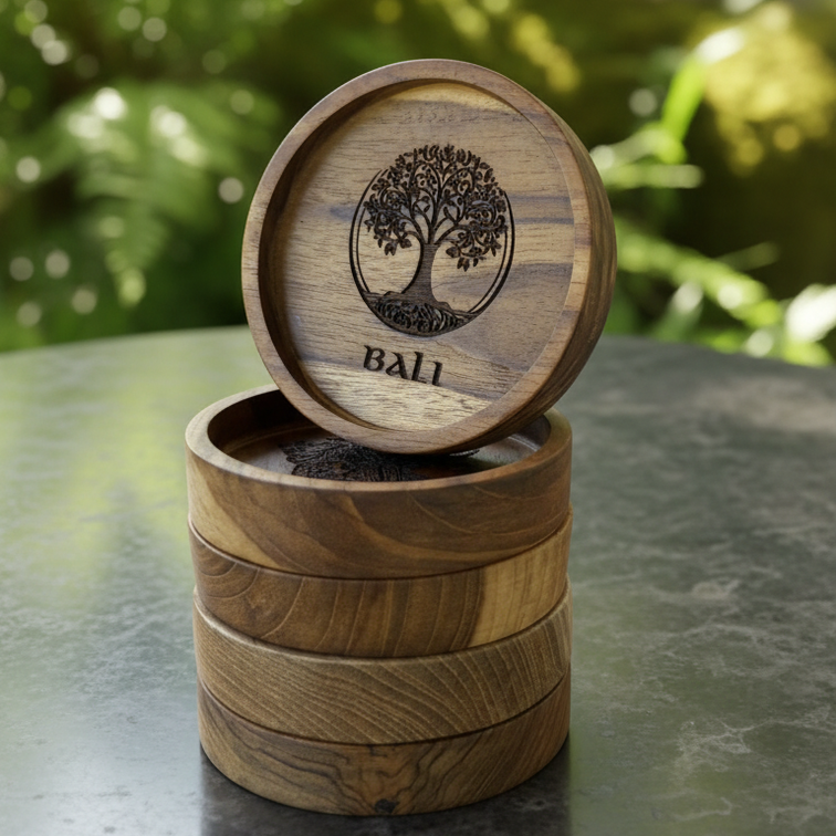 Bali Wood Crafted Coasters Set Of 5