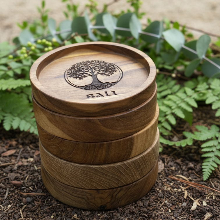 Bali Wood Crafted Coasters Set Of 5