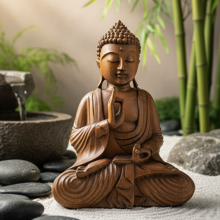 Hand-Carved Wooden Buddha Statue – Meditative Zen Decor Sculpture