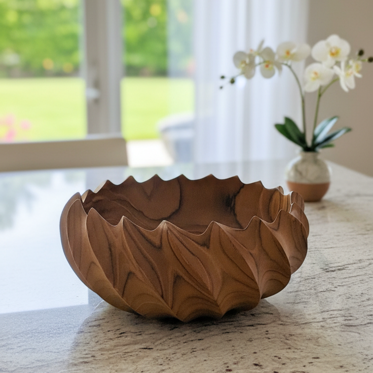 FlowCarve Statement Hand-Carved Acacia Wood Sculptural Bowl – Artisan Serving & Centerpiece