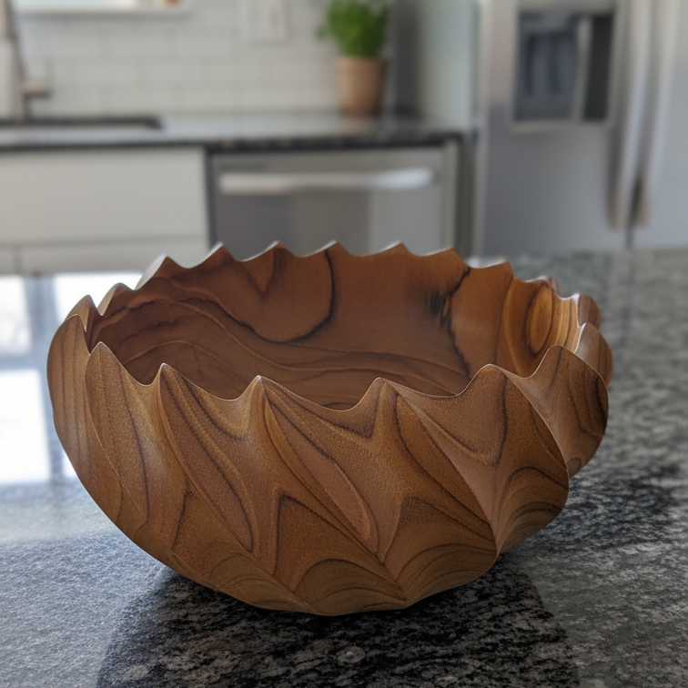 FlowCarve Statement Hand-Carved Acacia Wood Sculptural Bowl – Artisan Serving & Centerpiece