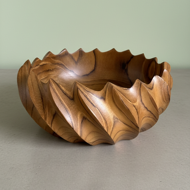 FlowCarve Statement Hand-Carved Acacia Wood Sculptural Bowl – Artisan Serving & Centerpiece