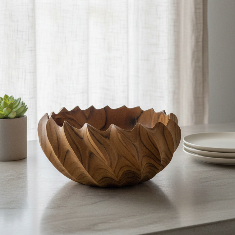 FlowCarve Statement Hand-Carved Acacia Wood Sculptural Bowl – Artisan Serving & Centerpiece